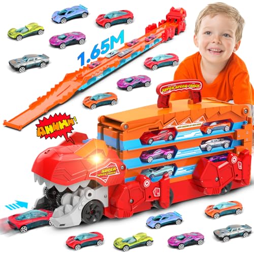 TERRAMUS Dinosaurier-Transport-LKW-Spielzeug Autos für Jungen Alter 3 4 5 6 7 8, tragbare Rennstrecke LKW-Auto-Spielzeug-Set mit 6 Rennwagen, Carrier Truck Spielen Fahrzeuge Spielzeug-Set für Kinder von TERRAMUS