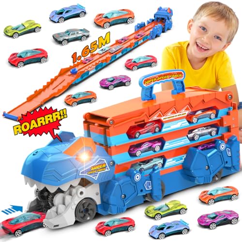 TERRAMUS Dinosaurier Transport Truck Spielzeugauto für Kinder - 3 in 1 Auswurf Folding Track Auto Spielzeug mit 8 Rennwagen, Portable Träger Fahrzeuge Spielzeug Race Cars Set für Jungen 3-5 Jahre alt von TERRAMUS