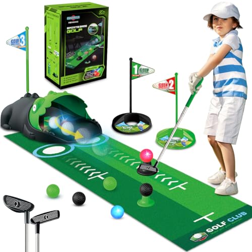 TERRAMUS Minigolf Set Spielzeug für Kinder, 14PCS Indoor Outdoor Golfkoffer Spiel Set mit 2 bunten Golfschläger, 6 Bälle, Putting Matte Spielzeug für Jungen von TERRAMUS