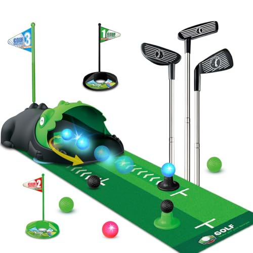 TERRAMUS Verbessertes Minigolf Set Spielzeug für Kinder, 14PCS Indoor Outdoor Golfkoffer Spiel Set mit 2 bunten Golfschläger, 6 Bälle, Putting Matte Spielzeug für Jungen von TERRAMUS