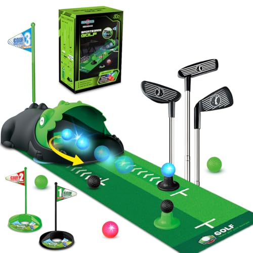 TERRAMUS Verbessertes Minigolf Set Spielzeug für Kinder, 14PCS Indoor Outdoor Golfkoffer Spiel Set mit 2 bunten Golfschläger, 6 Bälle, Putting Matte Spielzeug für Jungen von TERRAMUS