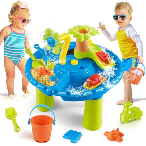 TERRAMUS 3 in 1 Wasserspieltisch, 22 STÜCK Set Sand Wassertisch für Kinder, Wasserspieltisch Draußen Strandspielzeug Garten Hinterhof Sommer Outdoor Sand Spielzeug for Junge Mädchen 3 4 5 6 Jahre von TERRAMUS