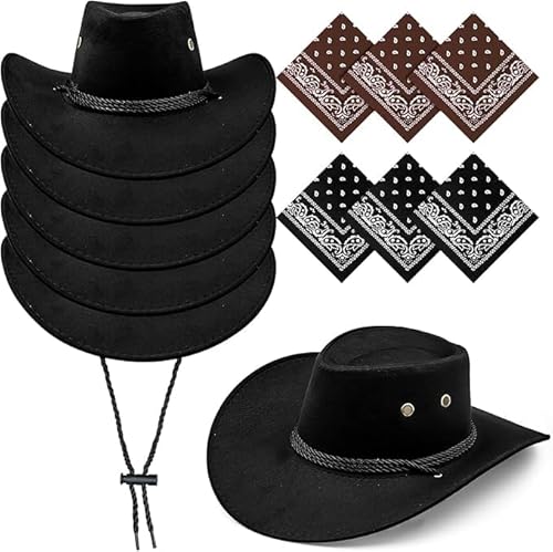 TESIN 12er-Pack Cowboyhüte und Halstücher-Set in Großpackung. Cowgirl-Hut mit verstellbarem Zugband. Western-Kostüm für Party und Bühnenauftritte von TESIN