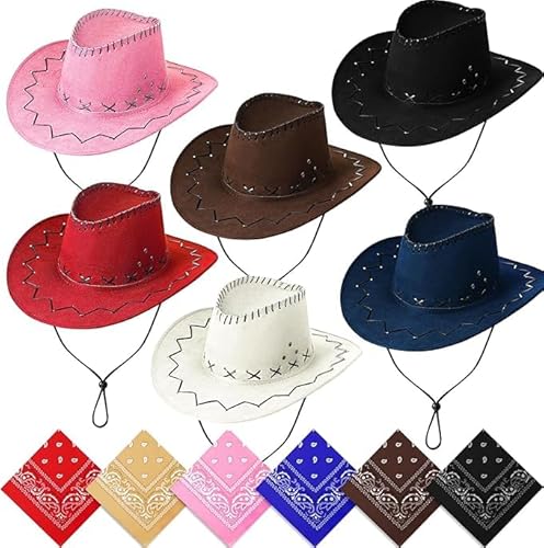 TESIN 6er-Pack Cowboyhüte und Halstücher-Set, Leder-Cowgirl-Hut, Felt-Cowboy-Hut, Western-Kostüm für Männer und Frauen, Party und Bühne von TESIN