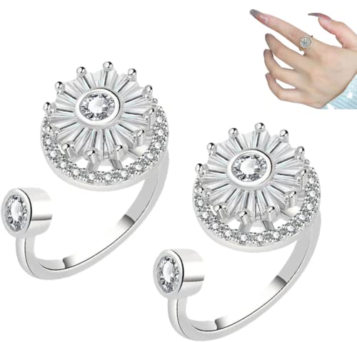 TETHY Zenspinz Anti-Angst-Diamantring, Verstellbarer Goldkristall-Anxiety-Relief-Spinnring, Zappel-Spinner-Ringe für Mädchen, personalisierte Geschenke für Frauen (2pcs Silver) von TETHY