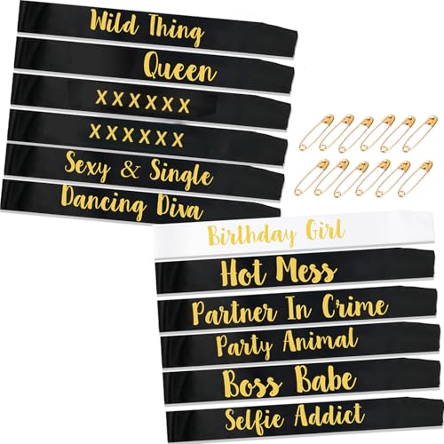 TEUVO 12St Birthday Sashes Geburtstag Schärpe zum Frau und Mädchen, 1St Weiß Geburtstag Schärpe & 11St Schwarz Gruppe Schärpen zum Geburtstag Party Accessoires Geschenke Gruppe Gefälligkeiten Zubehör von TEUVO