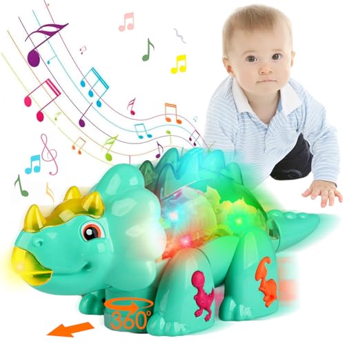 TEUVO Krabbelspielzeug Baby Musik Licht Spielzeug Dinosaurier Spielzeug für Kleinkinder 1 2 3 Jahr, Triceratops Sensorisches Spielzeug für 6-12 Monate Jungen Mädchen Geburtstag Weihnachten Geschenke von TEUVO