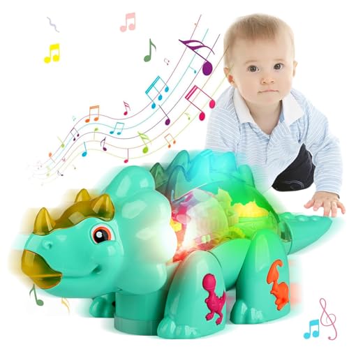 TEUVO Krabbelspielzeug Triceratops Dinosaurier Spielzeug für Kleinkinder 3+, Elektronisches Montessori Sinnlich Musik und Licht Spielzeug für Jungen Mädchen Geburtstag Weihnachten Geschenke von TEUVO