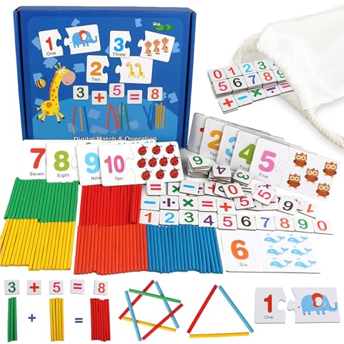 TEUVO Montessori Mathematik Zählen Spielzeug für Kinder 3-6 Jahre, Vorschule Lernspielzeug mit Zahlenpuzzle/Zählstäbe/Mathekarten, Mathematik Lernmaterial für Home Schule Lehre von TEUVO