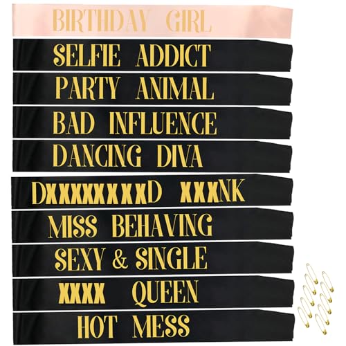 TEUVO Rose Gold Geburtstag Schärpe Birthday Sashes for Girls 10St Schärpe Satz mit 9Stück Schwarz Satin Schärpe + 1Stück Rose Gold Birthday Girl Schärpen zum Geburtstag Parteien Dekorationen Geschenk von TEUVO