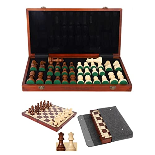Schach-Anfänger-Schachspiel mit 2 zusätzlichen Damen und Schachbrett-Aufbewahrungstasche, tragbares, faltbares Schachbrett aus Massivholz im Reisestil von TEWTX7