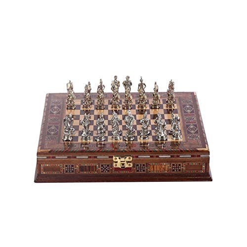 Schachspiel aus Metall, handgefertigte Figuren, natürliches Schachbrett aus massivem Holz, Aufbewahrung im Inneren, kleine Internationale Schachfiguren in Königsgröße, 5 cm von TEWTX7
