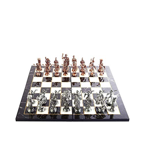 Schachspiel aus Metall für Erwachsene, handgefertigte Figuren und Schachbrett aus Holz mit Marmordesign, König 11 cm, Internationale Schachfiguren von TEWTX7