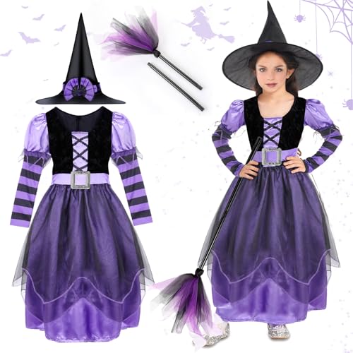 TEWWCEO Hexenkostüm für Mädchen, 4 Teiliges Halloween Hexe Kostüm Kinder mit Hexenhut, Besen, Gürtel, Set Cosplay Halloween Fasching Karneval Hexen Kostüme für Kinder, 5-6 Jahren, Größe M von TEWWCEO