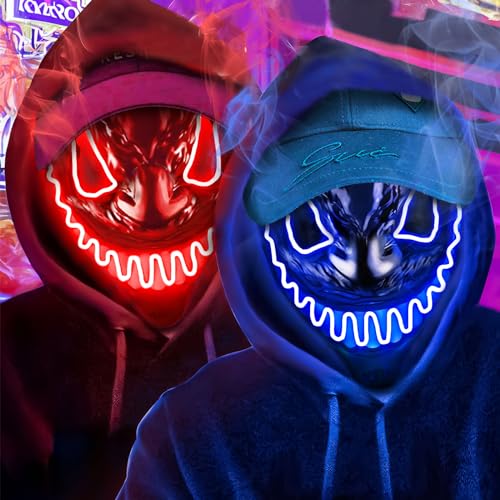 TEWWCEO LED Halloween Maske, 2 Pack Horror Leuchtende Maske, Gruselige Leuchtmaske, 3 Beleuchtungsmodi für Karneval Halloween Cosplays Feste und Partys, Geschenk für Herren und Damen (rot blau) von TEWWCEO