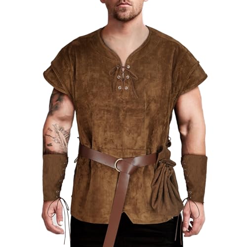 TEYHUI 4-teiliges Halloween-Kostüm für Herren, Renaissance-Outfit, mittelalterliches Piratenkostüm, Weste, Wikinger-Taillengürtel, Handgelenkschutz, Zubehör (Z3758BN, M) von TEYHUI