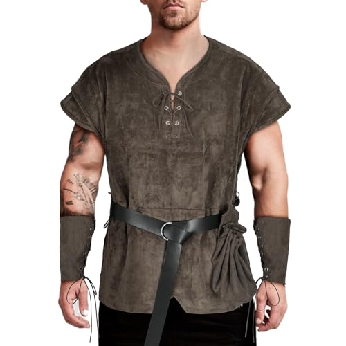 TEYHUI Wikinger-Kostüm für Herren, Renaissance-Outfit, mittelalterliches Westen-Outfit, Piratentunika, Halloween, Wikinger-Kostüm, Erwachsene (Z3758GY, S) von TEYHUI