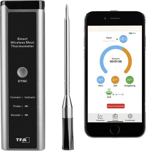 TFA Dostmann Kabelloses BBQ Fleischthermometer SMART BBQ KÜCHEN-CHEF Grillthermometer Grau von TFA Dostmann