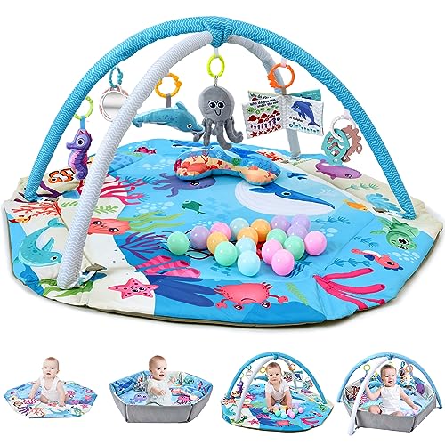 TFDER 8-in-1 Baby Spieldecke mit Spielbogen, Multifunktionsspielbogen für Neugeborene mit Bällebad,18 Bällen und mit 7 abnehmbaren sensorischen Spielzeugen, Krabbeldecken für Babys ab 0+ Monaten(Blau) von TFDER