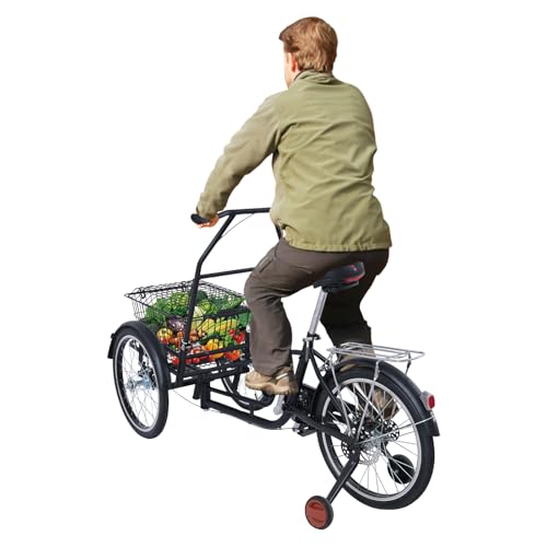 TFIANYNI 160x70Cm Dreirad Für Erwachsene, Mit Hinterer Sitz Und Zusätzliche Räder, Kohlenstoffstahl, Verstellbares, Fahrrad Mit 3 Rädern Für Erwachsene, Geschenk (Typ B: Mit groß Korb) von TFIANYNI