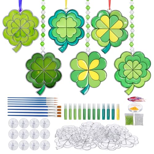 TGFIX 12 Stück Vierblättrige Kleeblatt Bemalen Bastelset Kinder Glücksklee Sonnenfänger Basteln DIY Kleeblätter Glücksbringer Kreativset Glückliches Geschenk für Kindergeburtstag Weihnachten von TGFIX
