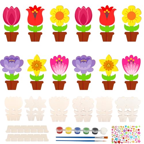 TGFIX 12pcs Holzblumen zum Bemalen Kinder Blumen Basteln aus Holz DIY Tulpen Aufsteller Muttertagsgeschenk Blume Bastelset Best Mama Geschenke Kreativset für Mutter von Tochter Muttertag von TGFIX