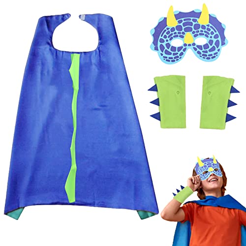 TGFIX 3 Stück Dinosaurier Umhang Blau Dino Kostüme mit Maske & Handschuhe für Junge Mädchen Cosplay Kostüme Kinderkleidung Kindergeburtstag Karneval Geschenke (3-8 Jahre)(56cm) von TGFIX