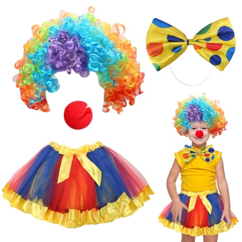 TGFIX 4 Stück Clown Kostüm Kinder Halloween Clown Kostüm Mädchen Clown Kinderkostüm Accessoire mit Clown Perücke Rot Clownsnase Bunte Fliege Rock für Halloween Karneval Cosplay Maskerade von TGFIX