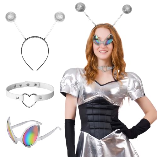 TGFIX 6 Stück Halloween Alien Kostüm Damen Halloween Alien Kostüm Accessoires mit Silberne Alien Brille Alien Haarreifen Halskette Alien Verkleidung für Halloween Karneval Fasching Maskerade von TGFIX