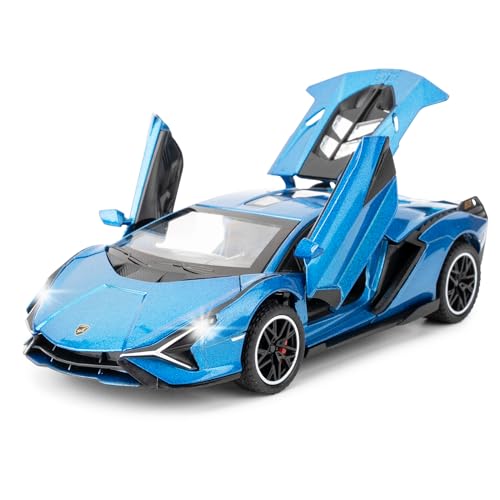 TGRCM-CZ 1/32 Skala Kompatibel für Lamborghini SI á n FKP37 Auto Modell Spielzeug, Ton und Licht Pull Back Auto Zink Legierung Casting Spielzeug für Kinder Jungen Mädchen Geschenk (Blau) von TGRCM-CZ