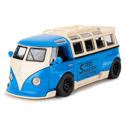 TGRCM-CZ 1/32 Volkswagen Bus Transporter Modell Auto mit Surfbrettern Convertible Camping Van, Zink Legierung Pull Back Spielzeugauto mit Ton und Licht für Kinder Jungen Mädchen Geschenk (Blau) von TGRCM-CZ