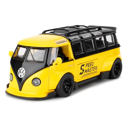 TGRCM-CZ 1/32 Volkswagen Bus Transporter Modell Auto mit Surfbrettern Convertible Camping Van, Zink Legierung Pull Back Spielzeugauto mit Ton und Licht für Kinder Jungen Mädchen Geschenk (gelb) von TGRCM-CZ