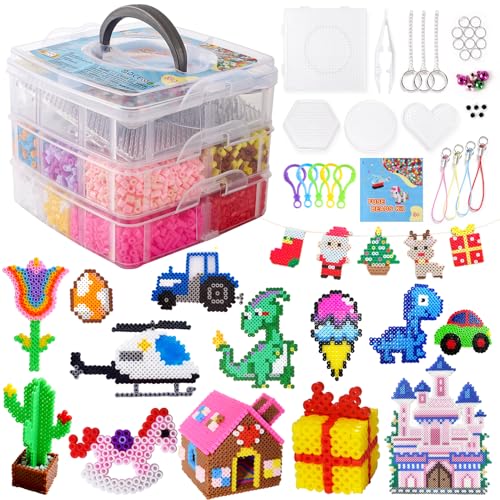 TGTT Bügelperlen Set, 10000 Stück Steckperlen mit Aufbewahrungsbox, Bügelperlen Platten, Benutzerführung, DIY Gestalten von Schmuck, Deko, Verzierungen und 3d Kinder Geschenk Bastelideen, farbig von TGTT