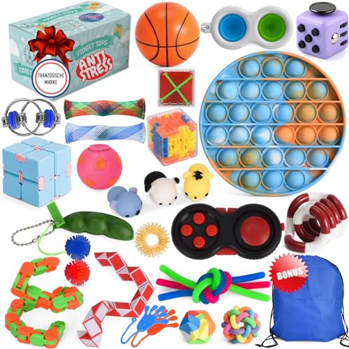 Fidget Toys Set – Anti Stress Spielzeug für Erwachsene und Kinder – French Way Skills Set zur Stressbewältigung und Konzentrationssteigerung – Enthält Pop It Stressball Fidget Cube und Akupressur Ring von THE FRENCH WAY