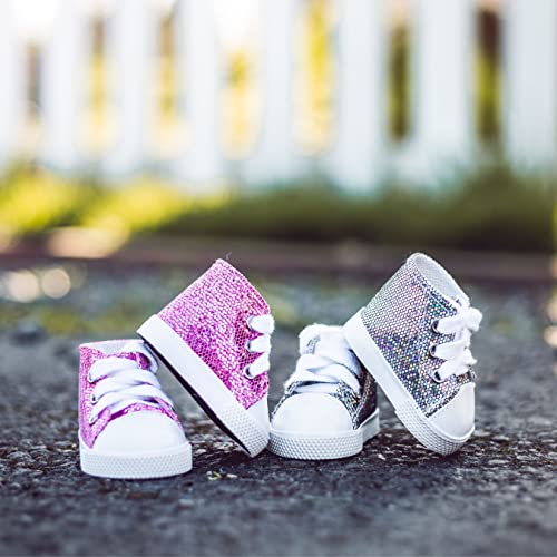 THE QUEEN'S TREASURES 45,7 cm Puppenkleidung, Schuhe und Zubehör, 2 Paar American Style Glitter High-Top-Sneaker und Schuhboxen Kompatibel mit Mädchenpuppen von THE QUEEN'S TREASURES