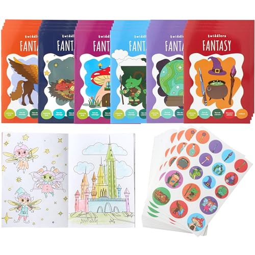 THE TWIDDLERS 24 Mini-Malbücher für Partytüten, mit Aufklebern - Fantasy-Thema, A6 Mini-Bücher für Kinder, Alter 4-8, perfekte kleine Malbücher für Partytüten-Füller-Geschenke von THE TWIDDLERS