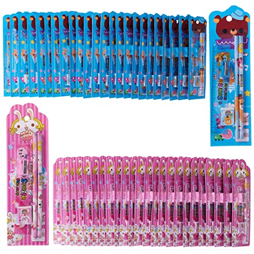 THE TWIDDLERS - 40 Kinder Schreibwaren-Sets, 20 Rosa & 20 Blau - Enthält zwei Bleistifte, Lineal, Anspitzer & Radiergummi - Multipack Perfekte Party-Taschenfüller für Kinder von THE TWIDDLERS
