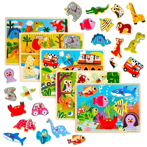 THE TWIDDLERS 5 Holzpuzzle Steckpuzzle Greifpuzzle für Babys & Kleinkinder - Fahrzeuge, Zootiere, Waldtiere, Meerestiere & Dinos - Ab 1 Jahr von THE TWIDDLERS