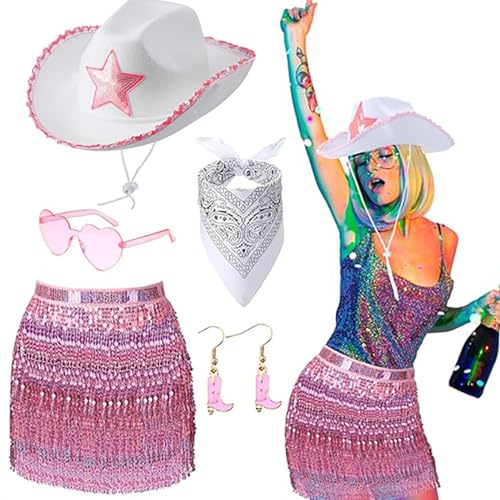 THINCAN 80er Jahre Accessoires Damen Kostüm Set Ohrring Sonnenbrille Bandana Western Cowgirl Hut von THINCAN