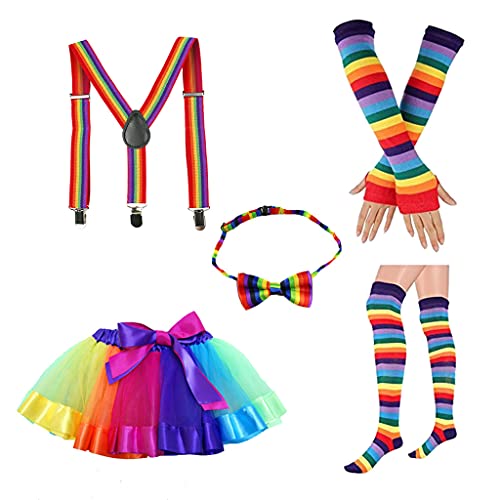 THINCAN Cosplay Kostüm-Zubehörset mit Regenbogenstreifen, Rüschen, Tutu-Rock, fingerlose Handschuhe, Socken, Fliege, Hosenträger von THINCAN