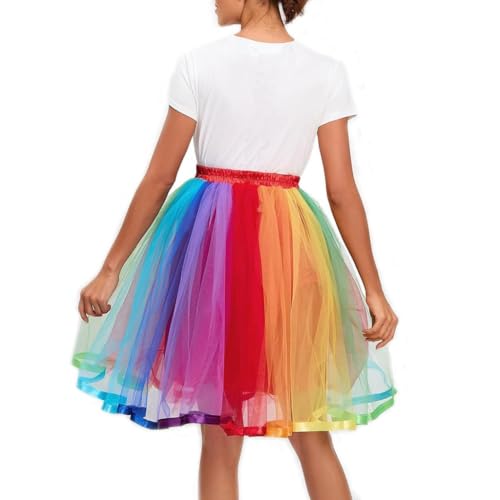 THINCAN Damen Plissee-Midirock mit hoher Taille und Regenbogen-Tutus-Rock, mehrlagiger Tüllrock von THINCAN