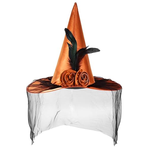 THINCAN Hexenhut für Erwachsene mit schwarzer Tüllapplikation, Maskeraden, Zaubererhut, Cosplay, Kostüm, Halloween-Partykleid von THINCAN