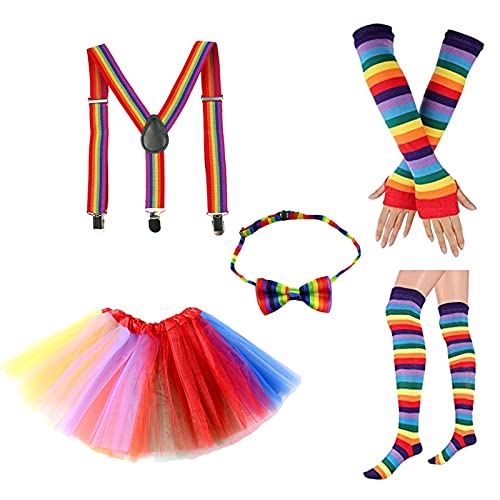 THINCAN Kostüm-Zubehör-Set für Erwachsene und Kinder, Regenbogen, Tüll, Tutu-Rock, fingerlose Handschuhe, lange Socken, Fliege, Hosenträger, Cosplay-Partyzubehör von THINCAN