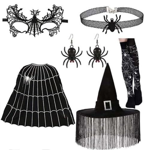 THINCAN Witch Costume Accessories, Halloween Witch Dress up Outfit Witch Hat Witch Cloak Eyemask Necklace Earrings Stockings von THINCAN