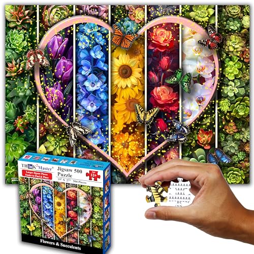 Think2Master Bunte Blumen, Sukkulenten und Schmetterlinge, 500 Teile, großes Format, Puzzle für Kinder ab 12 Jahren, Jugendliche, Erwachsene und Familien. Schöne lebendige Illustration, Kunstwerk, von THINK2MASTER