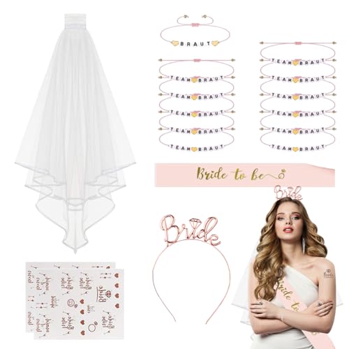 Accessoires für Bride to Be, 17 Stück Frauen Junggesellinnenabschied Set, Braut to Be&Team Bride Armbänder Set mit Schärpe, Schleier, Stirnband, Aufkleber, Hochzeit Fotorequisiten Spiele Zubehör von THMSLYN