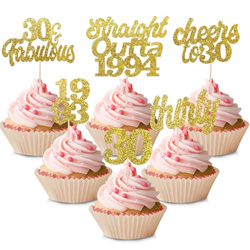 24 Stück 30. Geburtstag Cupcake Topper, Tortendeko 30 Geburtstag Gold, Happy 30th Birthday Tortendeko, Cake Topper 30 Geburtstag von 1994, 30 Jahre Geburtstag Kuchendeko für Frauen Männer von THMSLYN