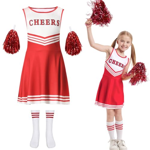 THMSLYN Cheerleader Kostüm Kinder, Cheerleadering Outfit Mädchen, Kostüm Pompom Girl Kinder mit Pompoms und Socken, Cheerleading Uniform Kleid für Karneval Halloween Mottoparty von THMSLYN