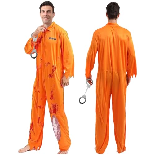 THMSLYN Häftling Kostüm Herren, Orange Sträfling Kostüm mit Handschellen, Gefangener Kostüm, Sträfling Orange Overall mit Blut, Prisoner Costume Herren für Karneval, Fasching & Motto-Party Cosplay von THMSLYN