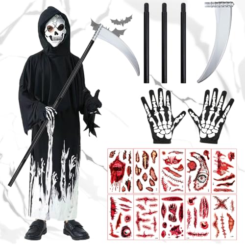 THMSLYN Halloween Sensenmann Kostüm, Sensenmann Grim Reaper Kinderkostüm, Leuchtenden Grim Reaper Verkleidung Set mit Sense Skelett Maske Handschuhe, Sensenmann Umhang mit Kapuze für Halloween von THMSLYN